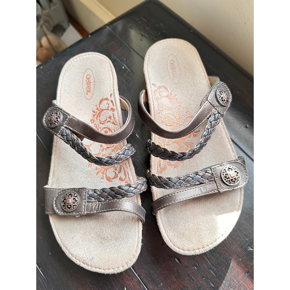 Aetrex Jillian Braided Slide Sandals Bronze Leather Orthotic SC534W Womens 8